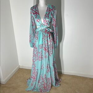 Elegant Aqua and Pink Floral Maxi Dress
